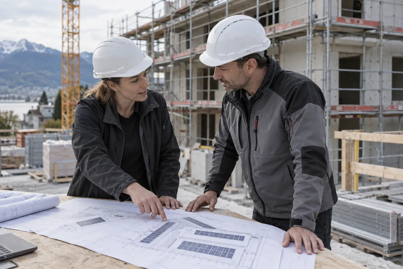 Architektin und Projektleiter besprechen Pläne auf der Baustelle.