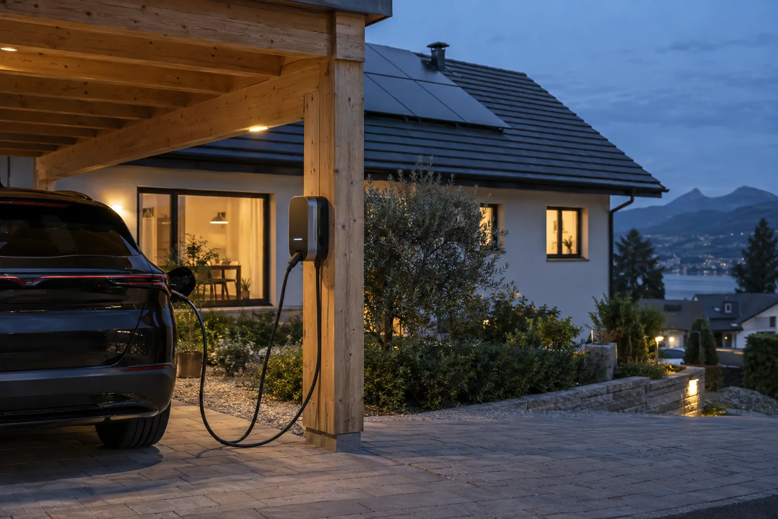 Elektroauto an einer Wallbox im Carport am Abend.